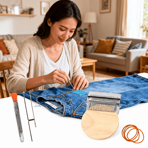 Mini Darning Loom, Patchmaker Tool Set for Quick Fabric Repairs, Portable Weaving Loom Kit for DIY Mending and Home Projects(28 Hooks)
