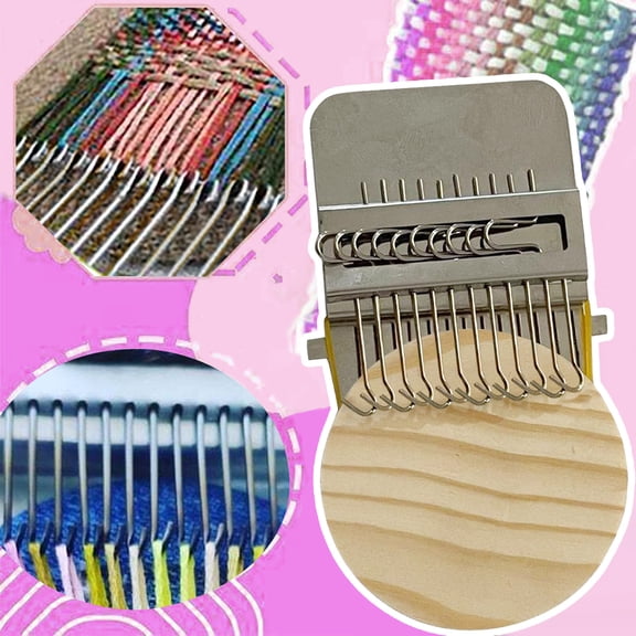 Mini Darning Loom, Wood Weaving Knitting Machine with Knitting Needles for Repair Jeans Socks DIY Craft, Knit Patch Loom Weave Tool, Silver(12Hooks)