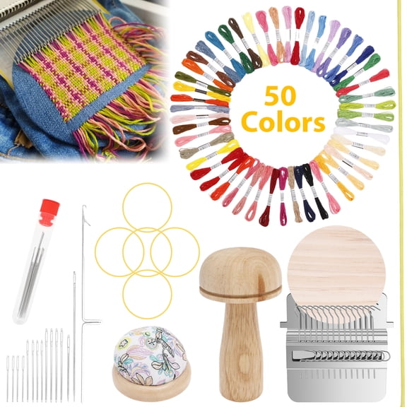 Mini Darning Mushroom for Socks 14 Hooks Small Speedweve Style Weaving Darning Loom with 14 Pcs Large Eye Needles 50 Colors Thread for Handcraft DIY Weaving Repair Tool