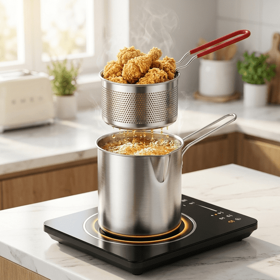Mini Deep Fryer with Basket | 304 Stainless Steel Small Fryer | Multi-functional Cookware for Grilling Chicken Legs, Fries & Chicken Cutlets