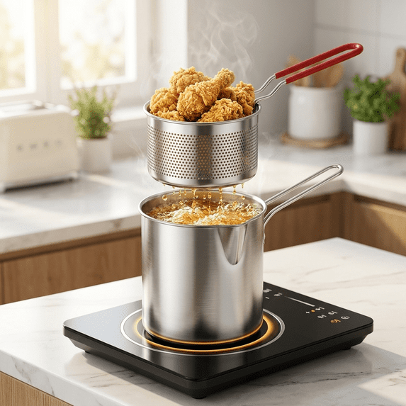 Mini Deep Fryer with Basket | 304 Stainless Steel Small Fryer for Chicken Legs, Fries & Cutlets | Multi-Functional Cookware