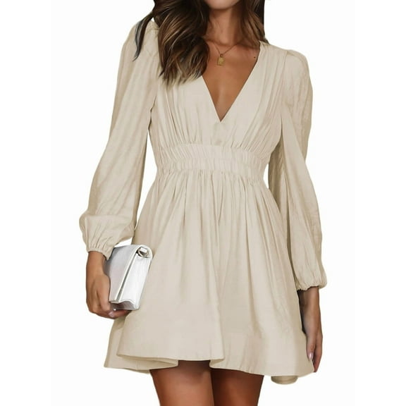 Mini Deep V Long Sleeve Dress for Women A-Line High Waisted Casual Flowy Dress for Cocktail Wedding Guest M