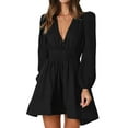 thumbnail image 1 of Mini Deep V Long Sleeve Dress for Women A-Line High Waisted Casual Flowy Dress for Cocktail Wedding Guest Black XL, 1 of 8