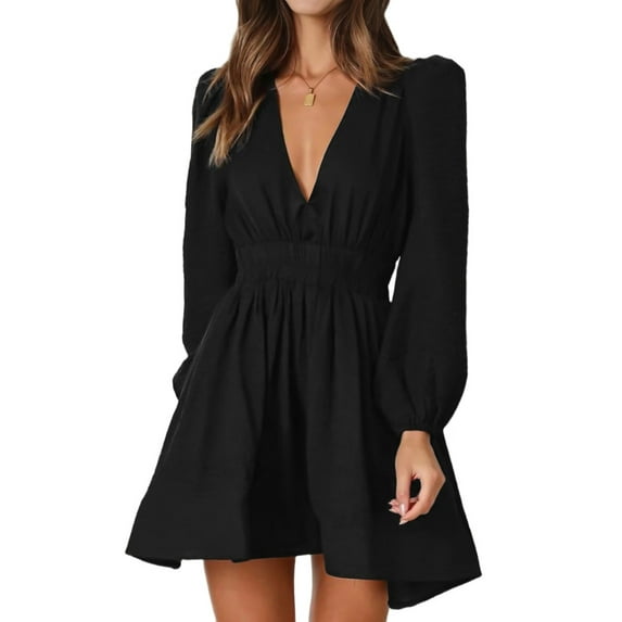 Mini Deep V Long Sleeve Dress for Women A-Line High Waisted Casual Flowy Dress for Cocktail Wedding Guest Black XL