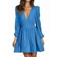 thumbnail image 1 of Mini Deep V Long Sleeve Dress for Women A-Line High Waisted Casual Flowy Dress for Cocktail Wedding Guest Blue M, 1 of 8