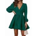 thumbnail image 1 of Mini Deep V Long Sleeve Dress for Women A-Line High Waisted Casual Flowy Dress for Cocktail Wedding Guest Green S, 1 of 8