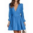 thumbnail image 1 of Mini Deep V Long Sleeve Dress for Women A-Line High Waisted Casual Flowy Dress for Wedding Guest Blue L, 1 of 8