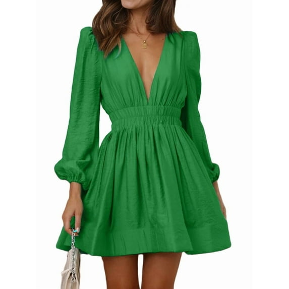 Mini Deep V Long Sleeve Dress for Women A-Line High Waisted Casual Flowy Dress for Wedding Guest Green M