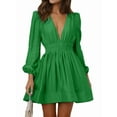thumbnail image 1 of Mini Deep V Long Sleeve Dress for Women A-Line High Waisted Casual Flowy Dress for Wedding Guest Green M, 1 of 8