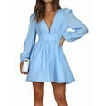 thumbnail image 1 of Mini Deep V Long Sleeve Dress for Women A-Line High Waisted Casual Flowy Dress for Wedding Guest Light Blue S, 1 of 8