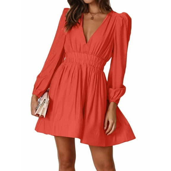 Mini Deep V Long Sleeve Dress for Women A-Line High Waisted Casual Flowy Dress for Wedding Guest Orange & Red M