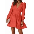 thumbnail image 1 of Mini Deep V Long Sleeve Dress for Women A-Line High Waisted Casual Flowy Dress for Wedding Guest Orange & Red XL, 1 of 9