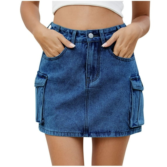 Mini Denim Skirt Women Denim Cargo Skirt Mini High Waist Button Bodycon Flap Pockets Short Jean Skirts Dark Blue L