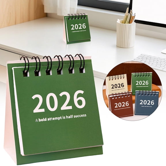 Mini Desk Calendar 2026-2027, Jan 2026 until Dec 2026, Small Desk Calendar Standing Flip Monthly Calendar, Punch Card Countdown Planner for Home Office School (Green)