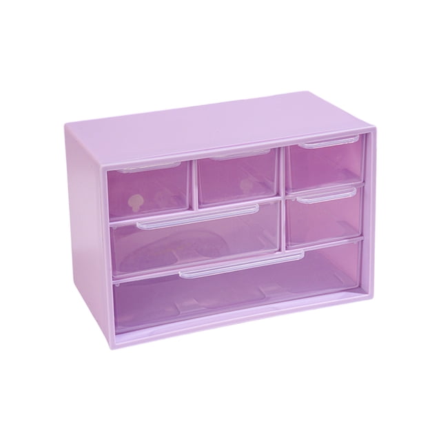 Mini Desk Drawer Organizer with 6 Clear Drawers - Small Plastic Storage Box for Office, Classroom, Crafts, Home Desktop Organization Purple