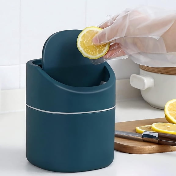 Mini Desk Trash Can with Lid Swing-Lid Tiny Countertop Garbage Bin Small Table Top Plastic Covered Waste BasketBlue