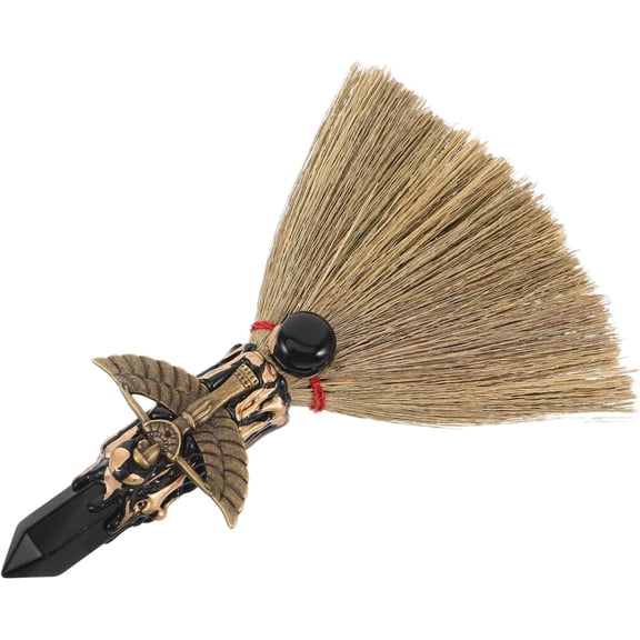 Mini Desktop Broom, Natural Black Obsidian Crystal Short Handle Whisk Dust Brush for Witch Altar Office Desk & Halloween Decor, 1 PC (k)