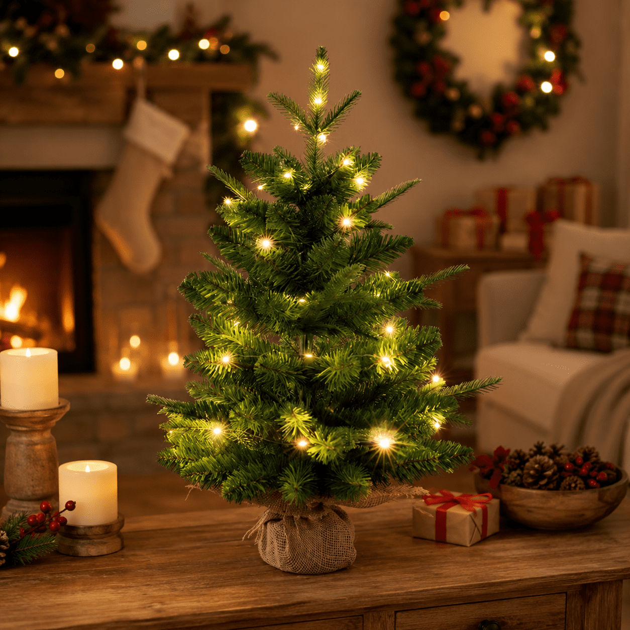 Mini Desktop Christmas Tree with Lighted, Simulated Pine with Linen Base for Home Indoor Dining Table Farmhouses Desk Decorations 23.6in
