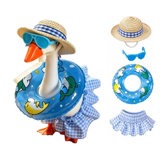 Mini Desktop Goose Clothes Set with Straw Hat Sunglasses and Swim Ring for Table Decor