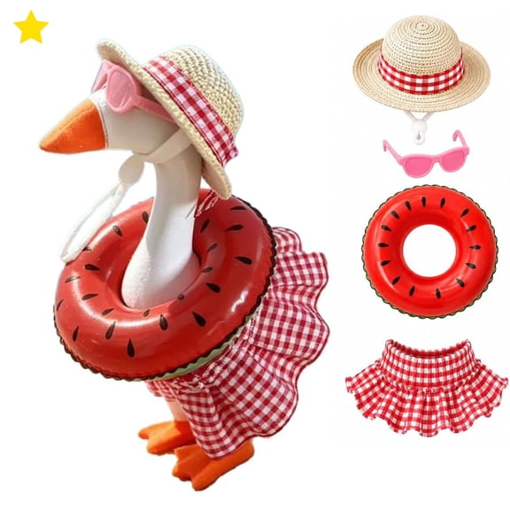 Mini Desktop Goose Clothes Set with Straw Hat Sunglasses and Swim Ring for Table Decor