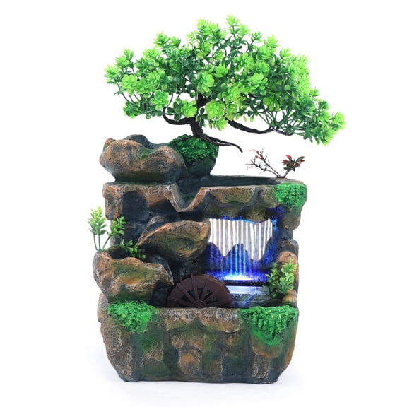 Mini Desktop Rockery Fountain Desk Waterfall FengShui Water Sound Indoor Zen Decor with LED Light