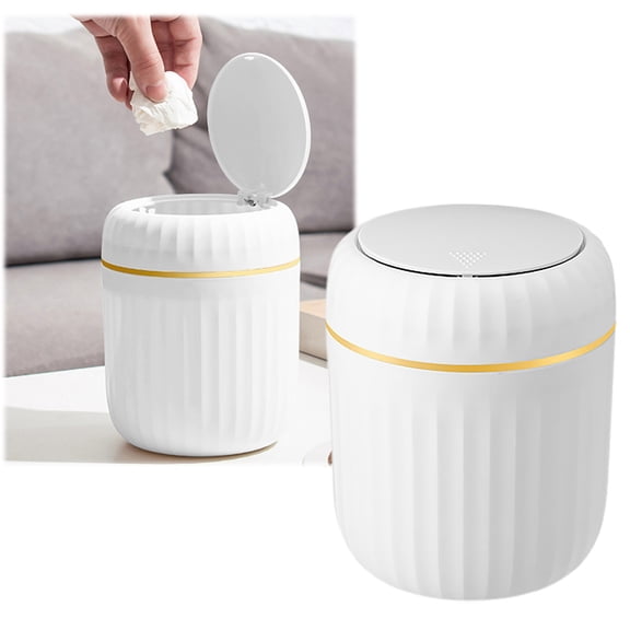 Mini Desktop Trash Can with Lid,Desktop Trash Can,Compact Waste Bin for Home,Office,Bedroom,Bathroom and Dorm,Odor-Containing,Stylish White with Gold Trim