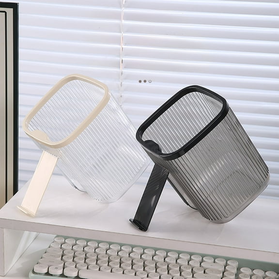 Mini Desktop Trash Can | Plastic Wastebasket with Vertical Stripes | Removable Inner Bin | Adjustable Phone Holder 45°-90° | Black or White | 6.69x5.12x5.12 in | Compact Desk Organizer