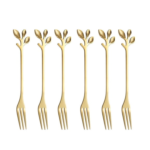 Mini Dessert Forks Set, Stainless Steel Fruit Appetizer Cake Salad Forks, Leaf Design, 4.8 Inch, Gold