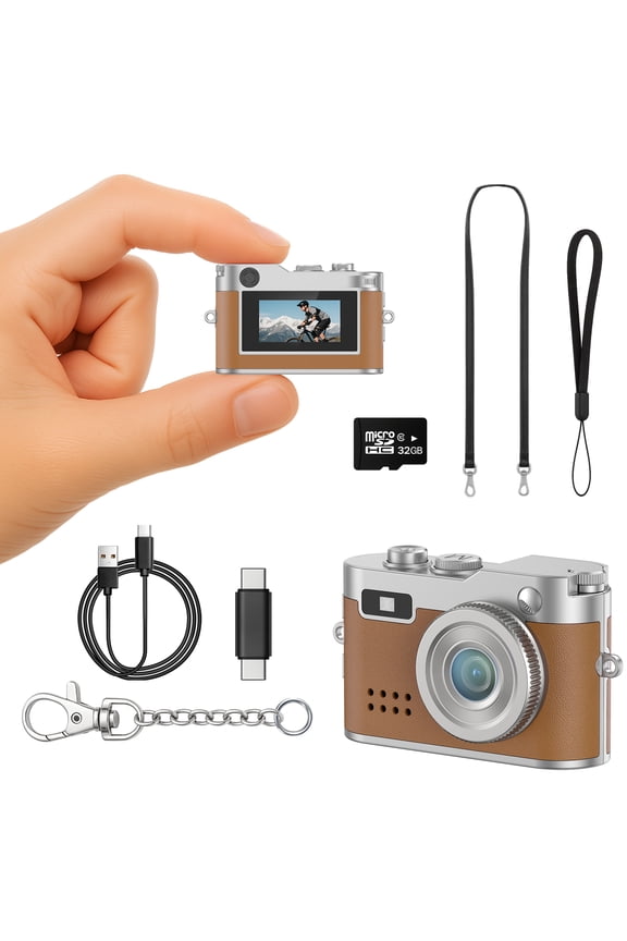Mini Digital Camera,0.96" Small Keychain Camera,1080P Tiny Camera with 32GB Card, Fill-in light,Landyard,USB Cable for Travel, Concert, Study Recording, Gift for Kids Brown