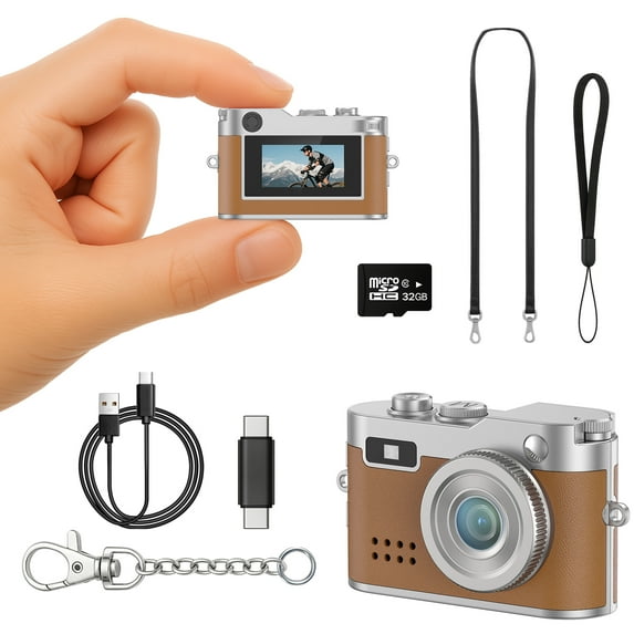 Mini Digital Camera,0.96" Small Keychain Camera,1080P Tiny Camera with 32GB Card, Fill-in light,Landyard,USB Cable for Travel, Concert, Study Recording, Gift for Kids Brown