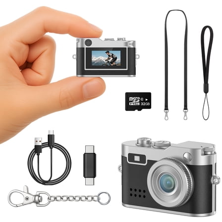 Mini Digital Camera,0.96" Small Keychain Camera,1080P Tiny Camera with 32GB Card, Fill-in light,Landyard,USB Cable for Travel, Concert, Study Recording, Gift for Kids Black
