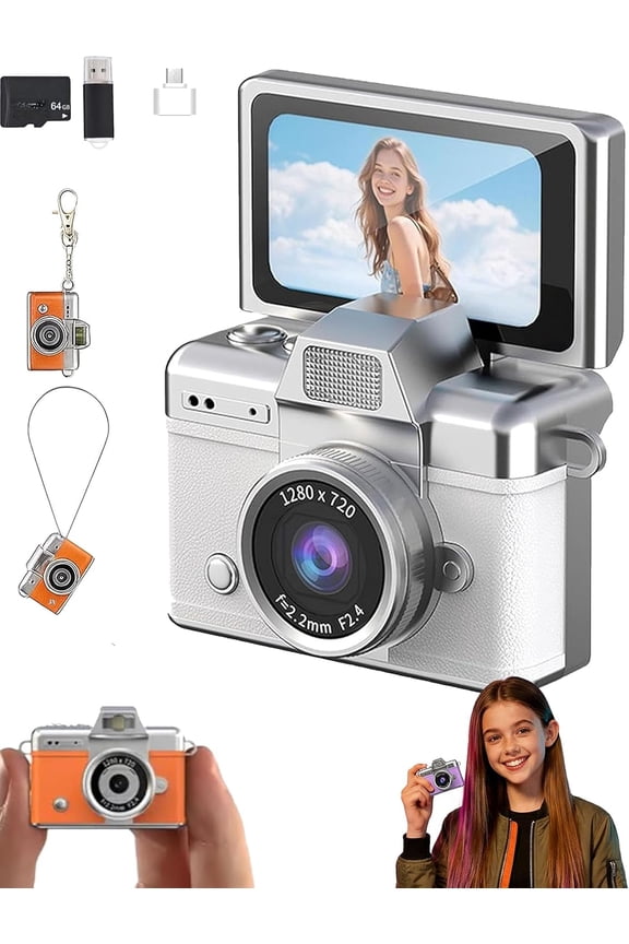 Mini Digital Camera with 1.47 in LCD Screen, 1080P Flip Screen Mini Camera with Built-in Flash & Flip Display, Free 64GB Memory Card, Portable Keychain Camera for Travel & Daily Use (White)