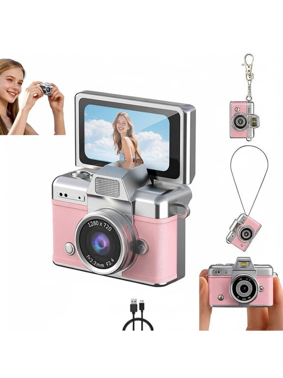 Mini Digital Camera with 1.47 in LCD Screen, 1080P Flip Screen Retro Digital Keychain Camera with Built-in Flash, Strap and Keychain, Portable Mini Cameras (32G)