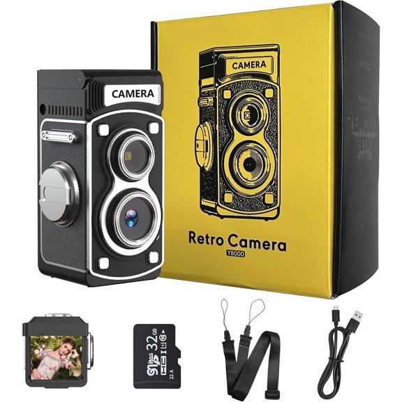 Mini Digital Camera - 1080P FHD Retro TLR Style Point and Shoot Auto Focus, Compact & Portable Volgging Camera with 32GB Card, Ideal for Birthday Gifts, Beginners, Teens