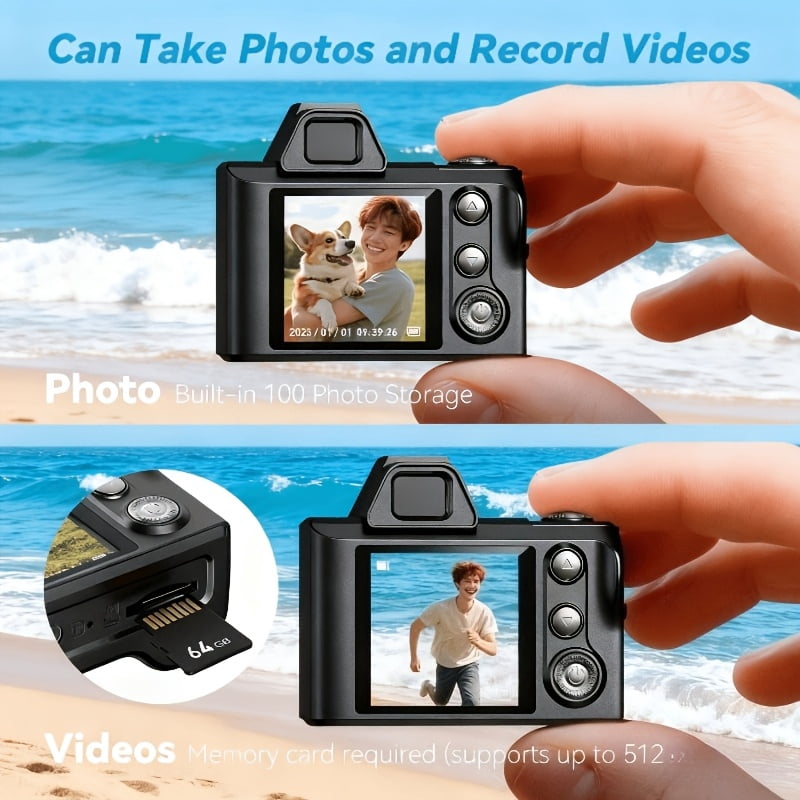 Mini Digital Camera 1080P HD with 64GB SD Card, Auto Fill Flash, Portable Point and Shoot Video Camera for Travel Vlog, Daily Recording, Beginner Friendly Vintage Travel Photography