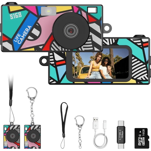 Mini Digital Camera, Black Y2K Retro Pocket Camera with 1. Inch Screen, 1440P Video, 2MP Photos, 16GB Card, Flash, Type C, Camera for Teens Travel Vlogging
