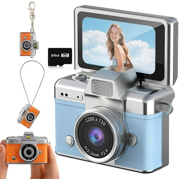 Mini Digital Camera, Mini Keychain Digital Camera with 1.47 in LCD Screen 1080P, Classic CCD with Flip Screen,Cute and Compact Design with 64GB Card, Built-in Flash (Blue)