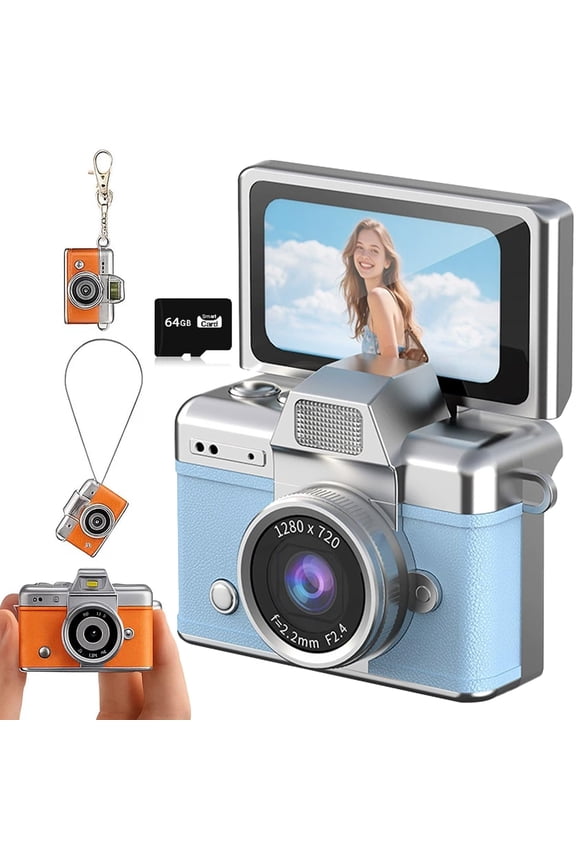 Mini Digital Camera, Mini Keychain Digital Camera with 1.47 in LCD Screen 1080P, Classic CCD with Flip Screen,Cute and Compact Design with 64GB Card, Built-in Flash (Blue)