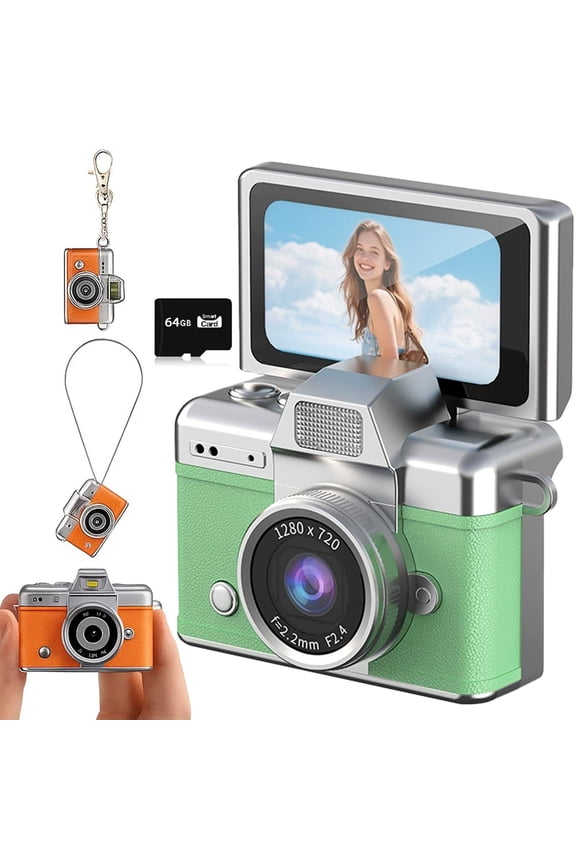 Mini Digital Camera, Mini Keychain Digital Camera with 1.47 in LCD Screen 1080P, Classic CCD with Flip Screen,Cute and Compact Design with 64GB Card, Built-in Flash (Green)