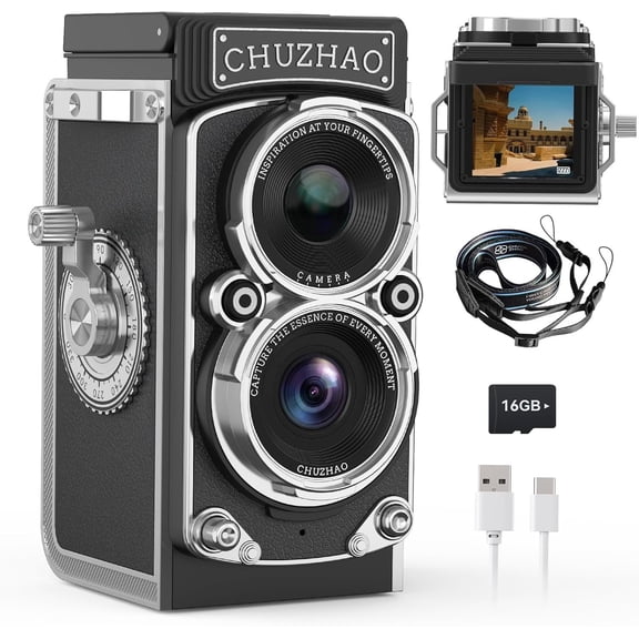 Mini Digital Camera, Portable Retro -Lens Reflex Style Digital Camera with 16GB Card, 12MP Photos, Autofocus, 1080P FHD Video, 1000mAh and Dual Filters, for Boys & Girls