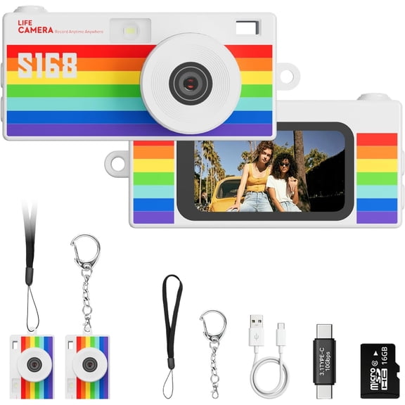 Mini Digital Camera, Rainbow Y2K Retro Pocket Camera with 1. Inch Screen, 1440P Video, 2MP Photos, 16GB Card, Flash, Type C, Camera for Teens Travel Vlogging