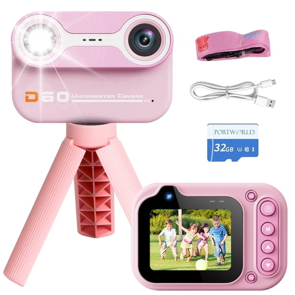 1080P 26MP Waterproof Kids Digital Camera 2.4" IPS Screen 64GB Card Fill Light MP3 Games for Family Gatherings Daily Trips Outdoor Adventures Underwater Camcorder