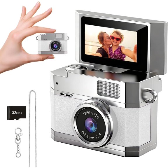 Mini Digital Camera White - Mini Digital Camera with 0.96" Flip Screen & 32GB Card, Portable Wearable Camera for Bag, Soccer 2026? Match Recorder, Fan Souvenir Camera