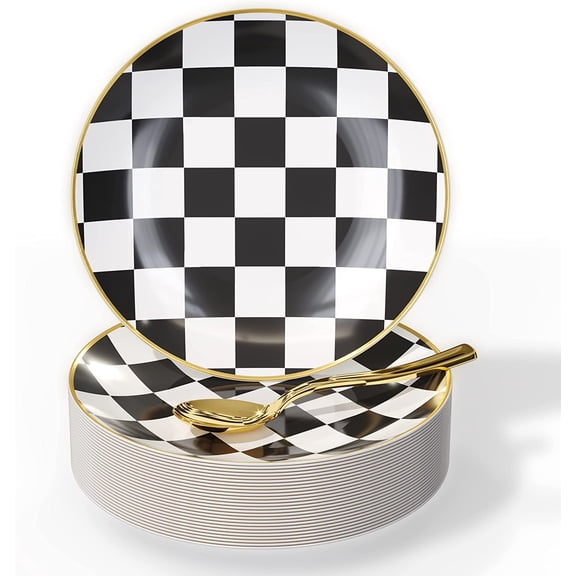 Mini Disposable Dessert Plates With Gold Plastic Spoons I 120 PCS I Serves 60 People I Checkered Small Plastic Plates With Gold Rim Plastic Dessert Plates With Gold Plastic Spoons I Cake Plates