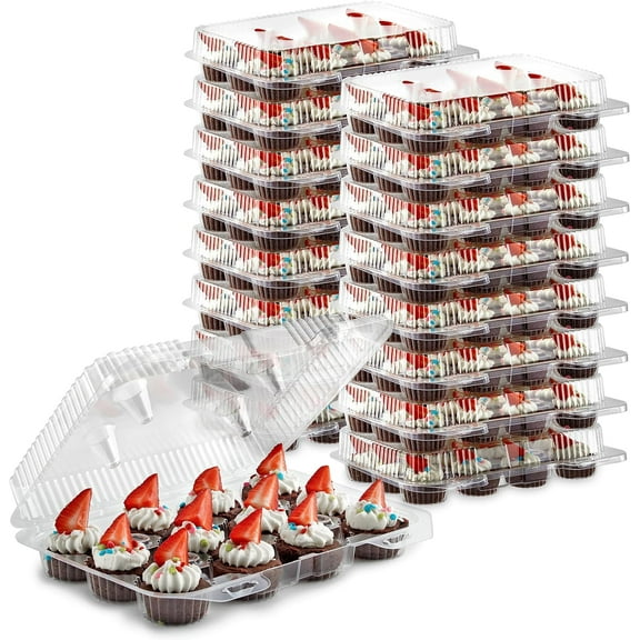 Mini Disposable Plastic Cupcake Containers (40 Pack) 12 - Count Tray Comparent, Small or Cupcakes Box/Holder/Carrier with Clear Connected Dome Lid, BPA Free