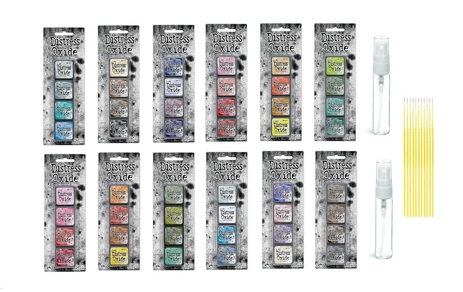 Mini Distress Oxide Pad 12 PK Bundle - Complete Ranger Tim Holtz Mini Distress Oxide Pad Sets #1 - #12 with 2 Glass Spray Bottles and Trebbies Detail Sticks
