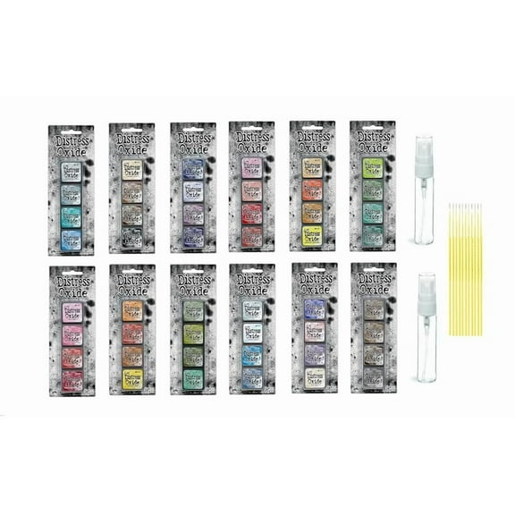 Mini Distress Oxide Pad 12 PK Bundle - Complete Ranger Tim Holtz Mini Distress Oxide Pad Sets #1 - #12 with 2 Glass Spray Bottles and Trebbies Detail Sticks