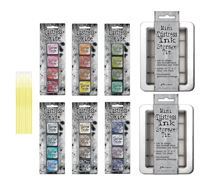 Mini Distress Oxide Pad Bundle - Ranger Tim Holtz Mini Distress Oxide Pad Sets #1, #2, #3, #4, #5, #6 with 2 Mini Distress Storage Tins and Trebbies Detail Sticks