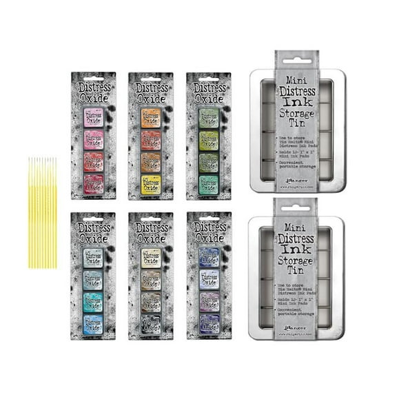 Mini Distress Oxide Pad Bundle - Ranger Tim Holtz Mini Distress Oxide Pad Sets #1, #2, #3, #4, #5, #6 with 2 Mini Distress Storage Tins and Trebbies Detail Sticks