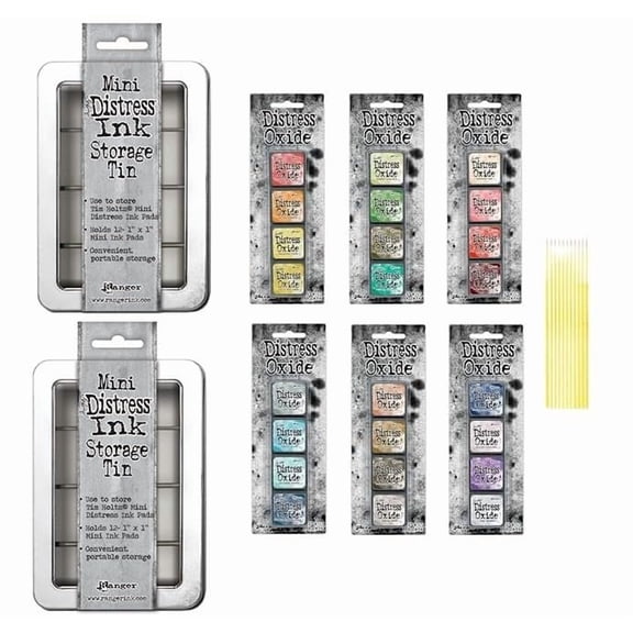 Mini Distress Oxide Pad Bundle - Ranger Tim Holtz Mini Distress Oxide Pad Sets #13, #14, #15, #16, #17, #18 with 2 Mini Distress Storage Tins and Trebbies Detail Sticks